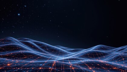 abstract landscape on a dark background, featuring a hi tech network grid that merges into a starry outer space texture