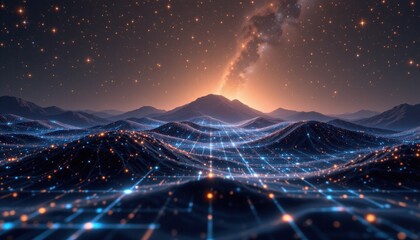abstract landscape on a dark background, featuring a hi tech network grid that merges into a starry outer space texture