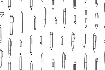  Seamless pattern of pens and pencils in different styles. Hand drawn writing instruments, ballpoint pens, fountain pens, mechanical pencils and markers. Vector illustration in doodle style. Vector