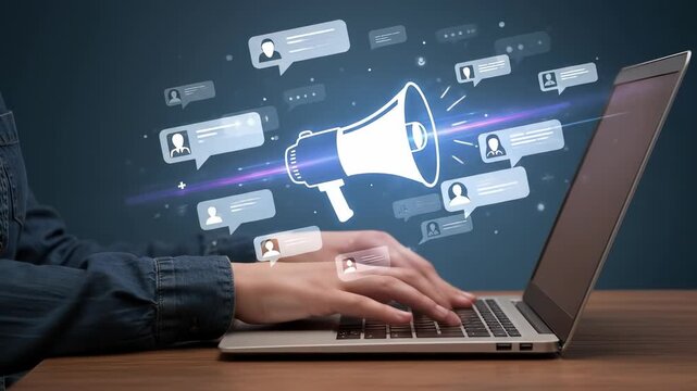 Amplify Your Voice: Laptop Typing with Megaphone Surrounded by Social Media Notifications - Digital Marketing, Communication, and Engagement