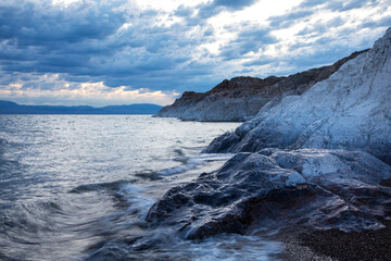 Khargass Lake Khetsuu Khad Rock with Waves at Sunrise Twilight, Mongolia