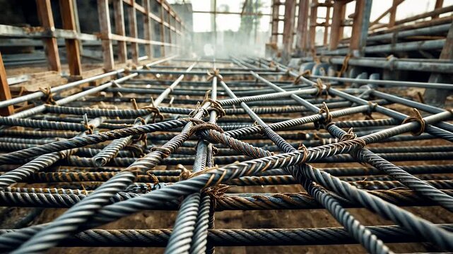 Strong steel rebar construction framework on building site with tied metal bars arranged in grid reinforcement
