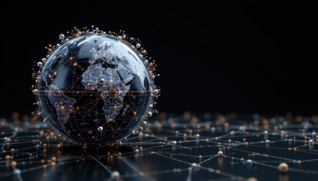 create a 3d rendering of a connections system sphere on a black background, with a subject on the left that showcases global datas exchanges and silver tones