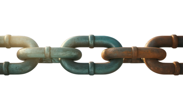Close-up of rusty, weathered metal chain against a stark black background
