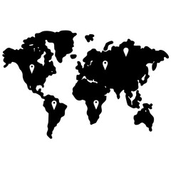 Stylized world map with location pins indicating points of interest globally