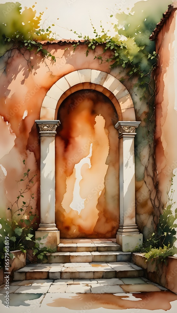 Poster watercolor painting of archway entrance with columns and steps architecture art design concept