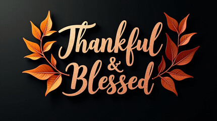 Elegant thankful and blessed design with autumn leaves, perfect for thanksgiving celebration, fall season greetings, decorative graphic print, holiday gift idea, and seasonal fashion trend