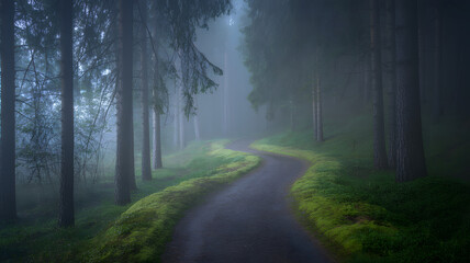 Obraz premium Misty forest path illuminated by soft light