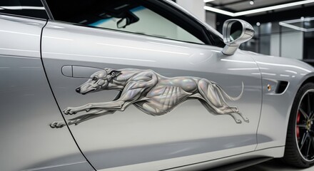 Fototapeta premium Custom airbrush art of a running greyhound on the side of a modern silver sports car