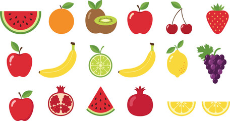 Colorful fruit icon set with watermelon, orange, kiwi, cherries, strawberry, apple, banana, lemon, grapes, pomegranate, and lime vector