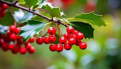 Obraz premium Close-up view of vibrant red berries clustered on a holly branch, showcasing the bright green leaves.