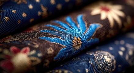 Close-up of patterned fabrics stacked.  Dark, rich fabrics with intricate, detailed designs, featuring blue, gold, and red patterns