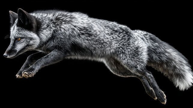 Dynamic silver fox leaps powerfully, captured mid-air with intense focus and striking monochrome fur
