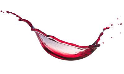 Crimson liquid arcs against a stark black background, capturing fluid motion