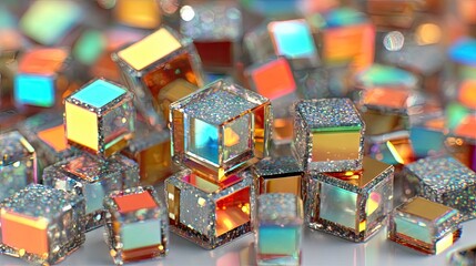 A collection of multicolored, shimmering cubic forms creates a vibrant and captivating visual display.