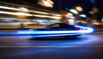 Fototapeta premium blue car light trail at night, shot in a long exposure style to capture the light streaks, copy space at the bottom for potential text overlays.