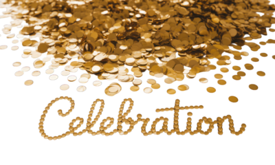 Glittering golden confetti scatter above "Celebration" script on black