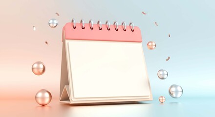 3D Rendered Desktop Calendar with Blank Pages and Floating Spheres against a Pastel Gradient Background Ideal for Planning and Reminder Concepts
