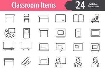Classroom Items Line Icons Set, School Equipment, Learning Tools, Desk, Blackboard, Books, Stationery, Editable Formats: AI, EPS, JPG, PNG, Ideal for Both Digital and Print Use
