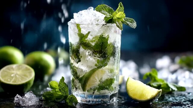 A refreshing mojito cocktail, garnished with fresh mint leaves and lime slices, is presented on a dark surface with ice and water droplets.