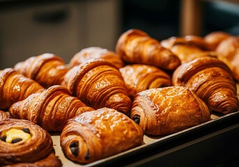 Freshly Baked Croissants and Pain au Chocolat Displayed at a Local Bakery Ready to be Enjoyed with Coffee