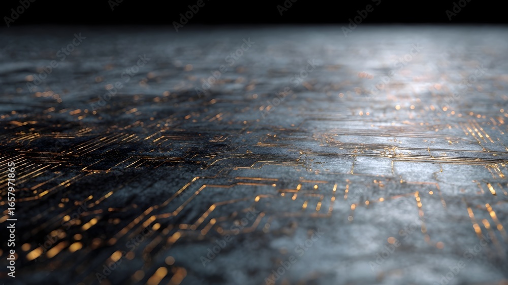 Poster metallic surface with etched circuit patterns a futuristic backdrop