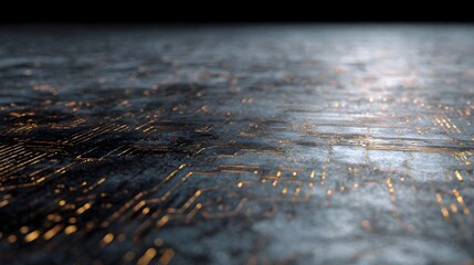 Metallic surface with etched circuit patterns a futuristic backdrop
