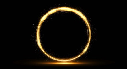 Glowing Golden Circle on Black Background with Sparkling Light Streaks and Bottom Reflection for Abstract Concepts and Modern Designs