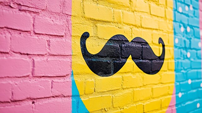 Graffiti mural mustache brick wall cartoon colorful stylish urban artwork