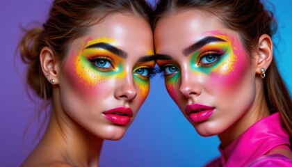 Obraz premium create a portrait of a fashionable couple with colored fluo painting on their faces, featuring fashion models against a colored background