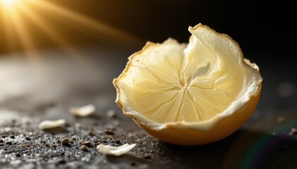 create an image showcasing the intricate details of some dried egg white in a dark background, placed under the bright noon sun, the focus should be on the subject