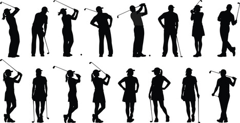 Golfer silhouettes set — men and women playing golf, swinging clubs, and posing in various action positions for sports design projects
