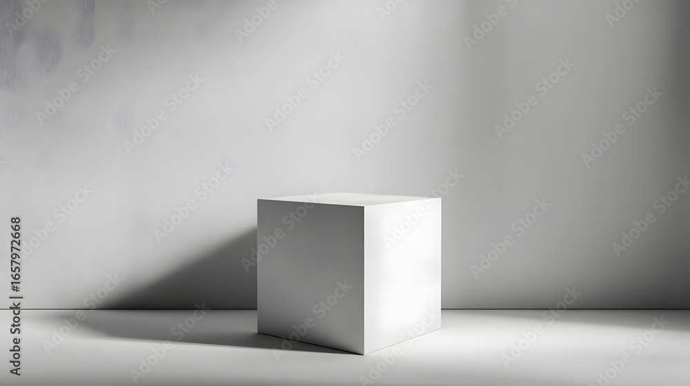 Poster minimalist white cube podium on a clean background with sharp lighting and focus