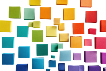 Abstract colorful squares.  A multitude of vibrant, slightly irregular, square shapes in various shades of the rainbow.  They overlap and cluster on a dark background