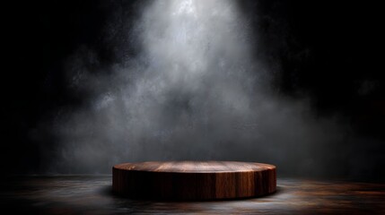 Wooden round podium with dramatic studio lighting