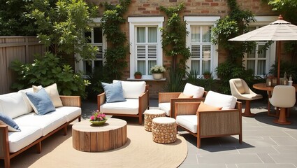 Fototapeta premium Modern Outdoor Patio with Wooden Sofa and Green Wall – Minimalist Backyard Decor