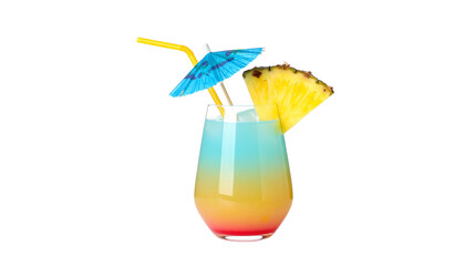 Colourful cocktail with umbrella and straw, isolated on transparent background, tropical summer party drink