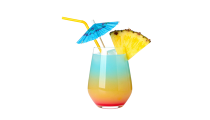 Colourful cocktail with umbrella and straw, isolated on transparent background, tropical summer party drink