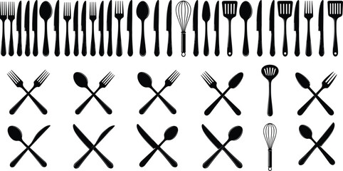 Kitchen utensil silhouette set with forks, spoons, knives, whisk, spatulas in crossed and upright styles © PixelsWorld