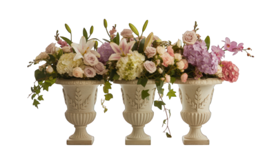 Three ornate stone vases filled with colorful floral arrangements