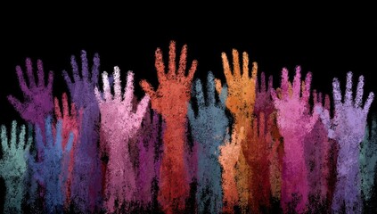 Many hands of various colors raised in the air against a black background