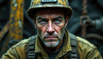 Fototapeta premium portrait of a tired coal miner in his hard hat, looking directly into the camera with sweat visible on his brow and forehead
