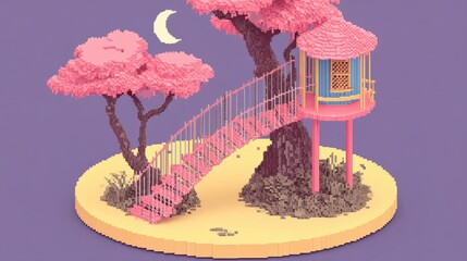 A whimsical pixel art scene depicts a whimsical treehouse nestled amongst a blossoming tree, elevated on stilts above a circular island, bathed in pastel hues, evoking a serene and enchanting night...