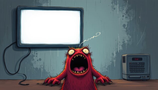 create a digital illustration featuring a shocked monster at the bottom of the image, looking up at a puter screen in fear
