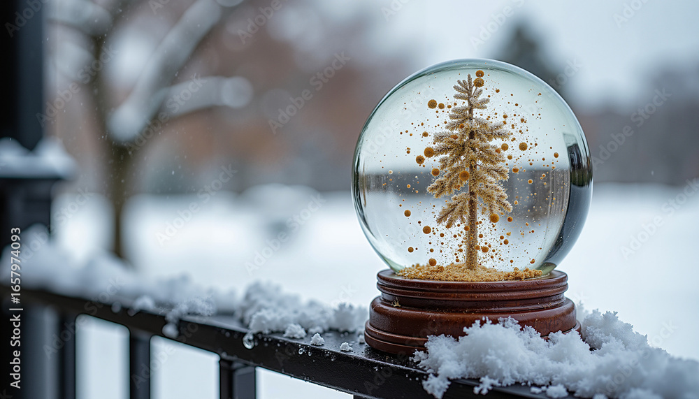 Poster snow globe with a golden tree displayed on snowy background