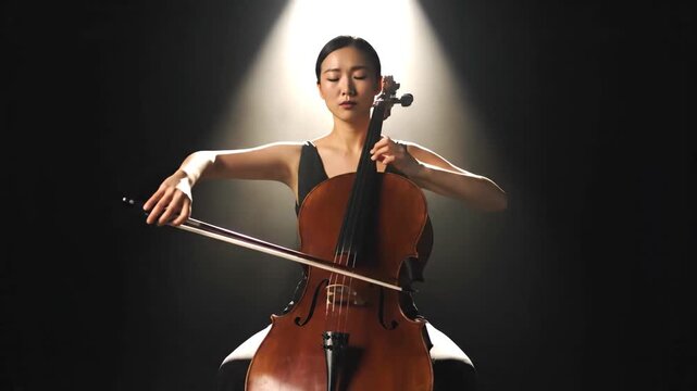 Medium shot of an elegant Asian woman playing cello passionately under a single spotlight on a dark stage