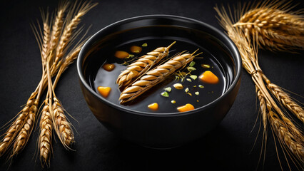 Aromatic and nutritious wheat soup in a black bowl, garnished with fresh wheat stalks, offering a wholesome and rustic culinary experience on a dark background, showcasing natural ingredients