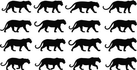Panther silhouette set with 16 identical walking poses in bold black style for wildlife design