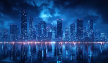 Fototapeta premium Futuristic nighttime cityscape with towering skyscrapers and water reflections creating a luminous urban background for modern design concepts