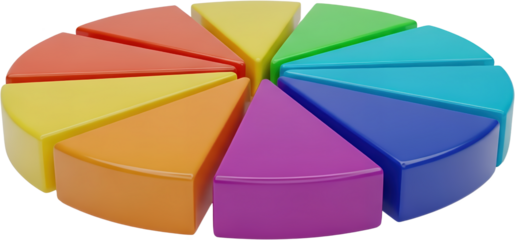 A colorful 3D pie chart graphic with distinct segments in a circular arrangement data statistics infographic transparent background